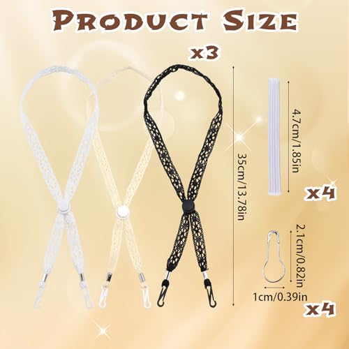 3PCS Adjustable Hat Straps for Wind, Lace Chin Cords with Clips, Windproof Sun Hats Keeper String Replacement Lace Straps in Black, White, Beige for Women's Outdoor Beach Hats Golfing, Fishing