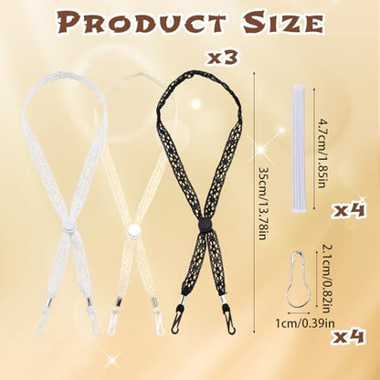 3PCS Adjustable Hat Straps for Wind, Lace Chin Cords with Clips, Windproof Sun Hats Keeper String Replacement Lace Straps in Black, White, Beige for Women's Outdoor Beach Hats Golfing, Fishing
