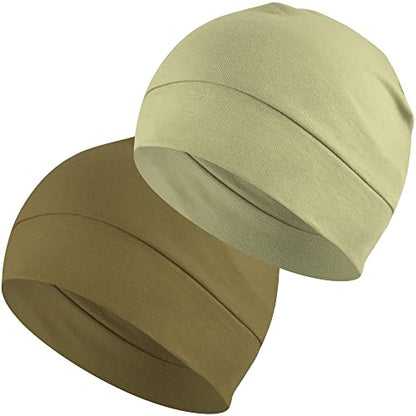 Headshion 100% Cotton Skull Caps Beanie Sleeping Hats for Men Women - color: Olive Green & Sage Green