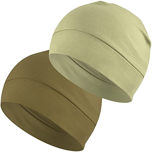 Headshion 100% Cotton Skull Caps Beanie Sleeping Hats for Men Women - color: Olive Green & Sage Green