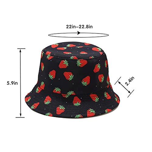 Unisex Bucket Hat Beach Sun Hat Aesthetic Fishing Hat for Men Women Teens, Reversible Double-Side-Wear - color: Strawberry Black
