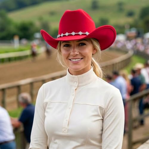 DRESHOW Women's Western Cowboy Hat Rhinestone Cowboy Cowgirl Hat Glitter Wide Brim Felt Fedora Hats Unisex Rolled up Caps - color: 1 Pack Style 11: Red