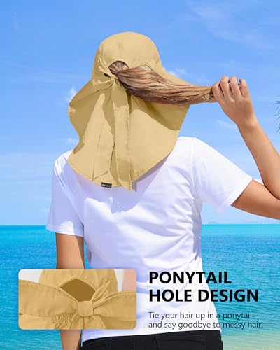 Womens Sun Hat Outdoor UV Protection Wide Brim Fishing Hat with Ponytail Hole Neck Flap for Beach Hiking Camping - color: Sun Hat-khaki
