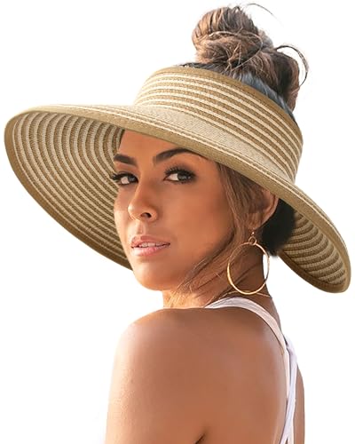 FURTALK Womens Sun Hat with Ponytail Hole Wide Brim Beach Straw Visor - color: 04-khaki Beige Stripes