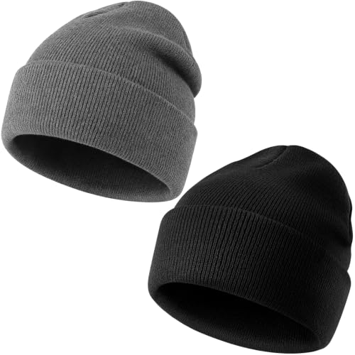 IYEBRAO 2-Pack Unisex Cuffed Beanie Hat for Men Women Skull Knit Cap - color: Black&dark Grey 2pcs