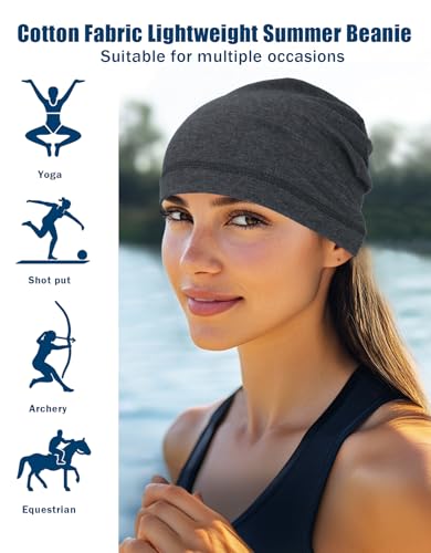 Cotton Skull Caps Lightweight Summer Beanie Hat Thin Sleep Sleeping Hats Chemo Caps Running Helmet Liner - color: Black & Heather Grey