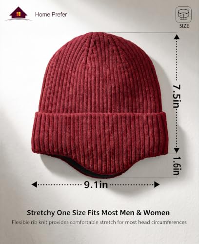 Home Prefer Fleece Lined Rib Knit Cuffed Beanie with Earflaps for Men Women - color: Wine Red