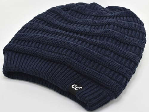C.C Beanie Oversized Hat with Fuzzy Lining – Thick Knit Thermal Beanie for Cold Weather, Soft Warm Fleece Lined Cap - color: Navy Blue