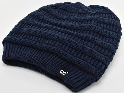 C.C Beanie Oversized Hat with Fuzzy Lining – Thick Knit Thermal Beanie for Cold Weather, Soft Warm Fleece Lined Cap - color: Navy Blue