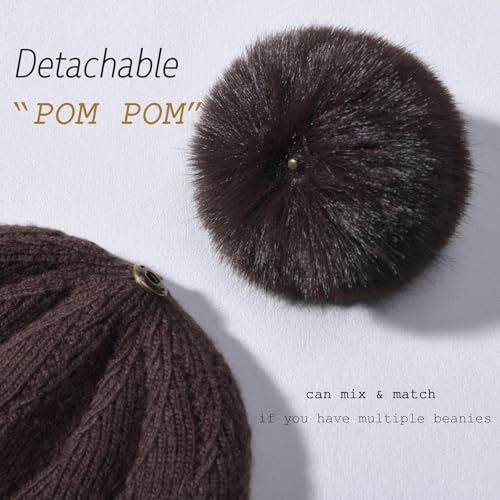 Knit Hat Scarf Set with Detachable Pom Pom, Wool Blend Winter Beanie & Long Scarf, Cold Weather Accessories for Women - color: Brown