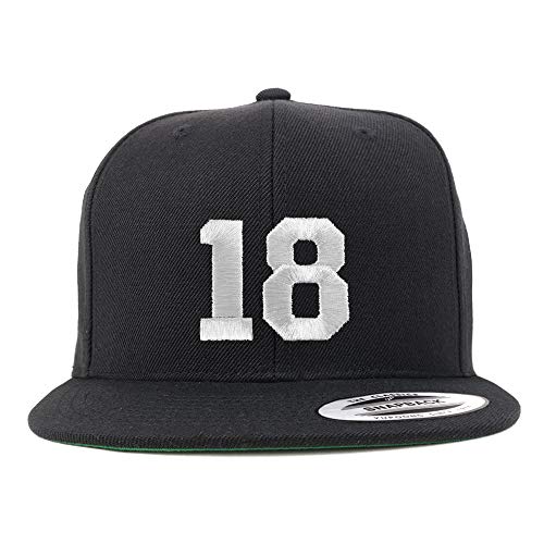 Trendy Apparel Shop Number 18 White Thread Embroidered Flat Bill Snapback Baseball Cap - color: Black