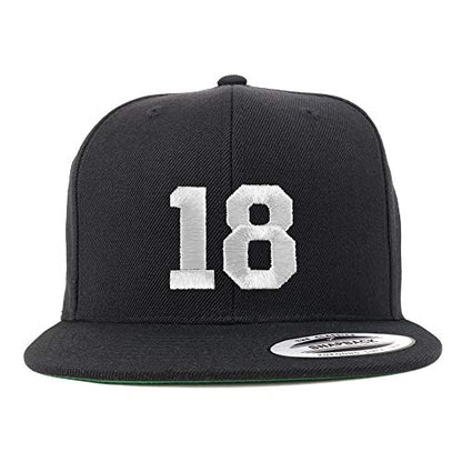 Trendy Apparel Shop Number 18 White Thread Embroidered Flat Bill Snapback Baseball Cap - color: Black