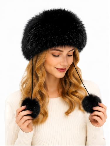 DLNYC Women’s Faux Leather Winter Hat with Faux Fur Trim, Soft Lined Cap with Hanging Cords & Pom-Poms, Warm Stylish Hat - color: Black