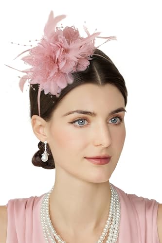 BABEYOND Flower Feather Beads Fascinator Headband for Women Derby Headpiece - color: Nude Pink