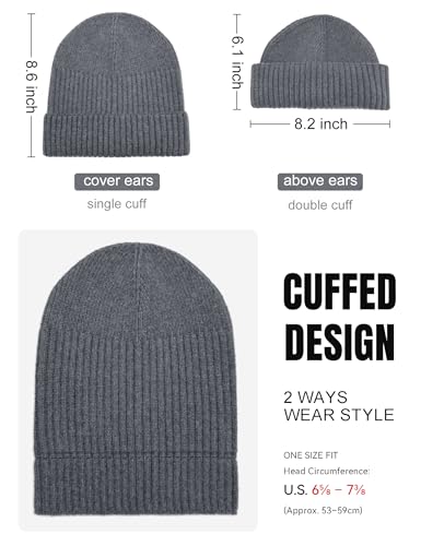 vidsel 50% Wool Double Cuff Beanie Hat for Men Women, Warm Winter Knit Cap - color: Light Grey