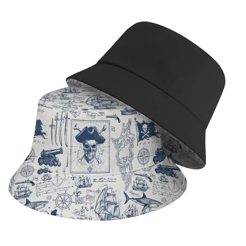 Amasnay Neon Bucket Hat Cotton Double-Side-Wear Reversible Sun Hat for Women Men, Summer Vacation Travel Beach Fisherman Hat - color: Blue Pirate