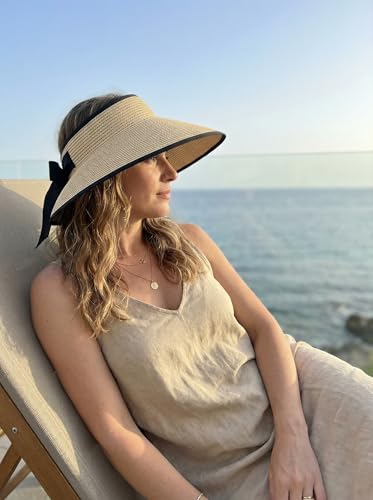 Sun Visor Hat for Women Wide Brim Ponytail Straw Hat UV UPF Summer Beach Vacation Packable Foldable Travel - color: Beige