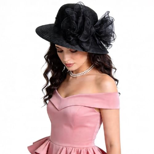 Ruphedy Women Derby Church Dress Bucket Hat Fascinators Tea Party Wedding Hat - color: S051-black
