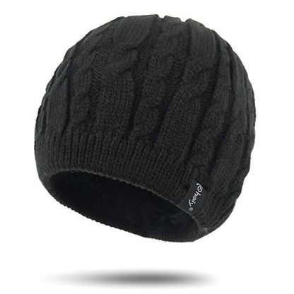 Winter Warm Beanie Hat for Women Men, Thick Cable Knit Cuffed Beanie - color: Black