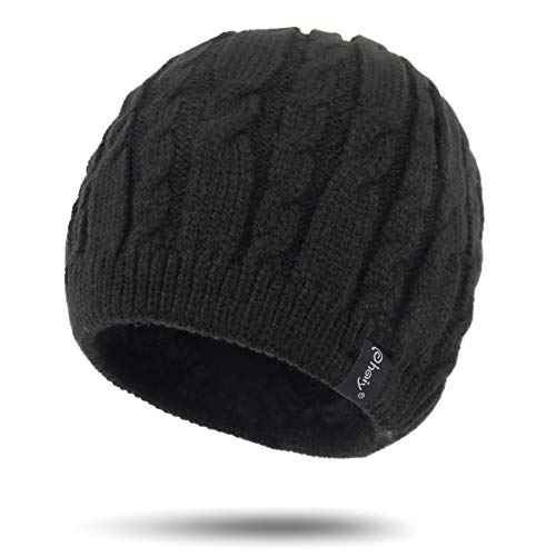 Winter Warm Beanie Hat for Women Men, Thick Cable Knit Cuffed Beanie - color: Black