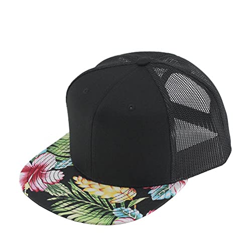Plain Cotton Twill Flat Brim Mesh Adjustable Snapback Trucker Baseball Cap - color: Hawaiian/Black/Black