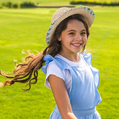 Girls Straw Hat with Flower Round Sunglasses, Summer Foldable Large Brim Sunflower Bowknot Beach Toddler Straw Sun Hat, 2-6T - color: Beige-blue Flower