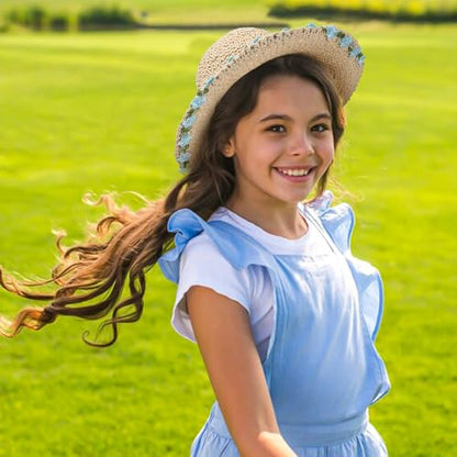 Girls Straw Hat with Flower Round Sunglasses, Summer Foldable Large Brim Sunflower Bowknot Beach Toddler Straw Sun Hat, 2-6T - color: Beige-blue Flower