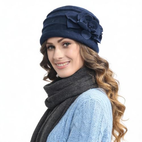 Vintage Women Floral Wool Dress Cloche Winter Hat 1920s - color: C022-d-navy