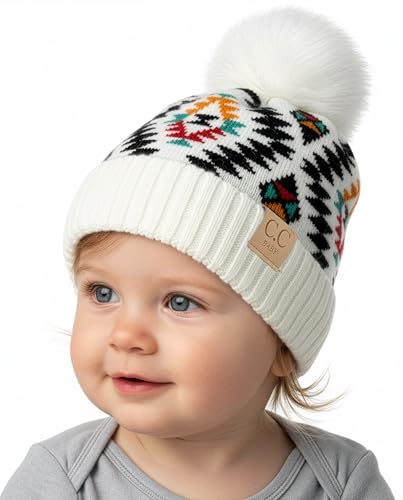 Funky Junque Baby Pom Pom Beanie – Soft Knit Infant Winter Hat for Baby Girls & Boys, Cozy Warm Newborn Beanie 0–12 Months - color: Aztec Pattern - White
