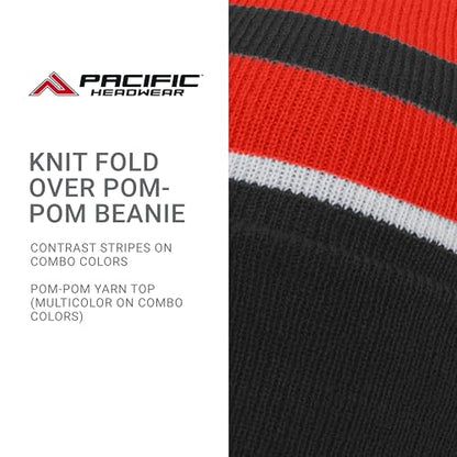 Pacific Headwear Unisex Adult Pacific Headwear Knit Fold Over Pom-pom Beanie - color: Black/Red/White, size: One Size