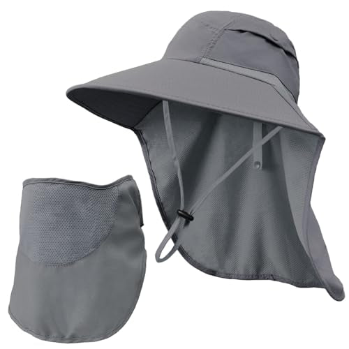 Sun Hats for Men Women Detachable Face Cover Wide Brim Fishing Hats with Neck Flap UPF 50+ Outdoor Safari Hats - color: Dark Grey