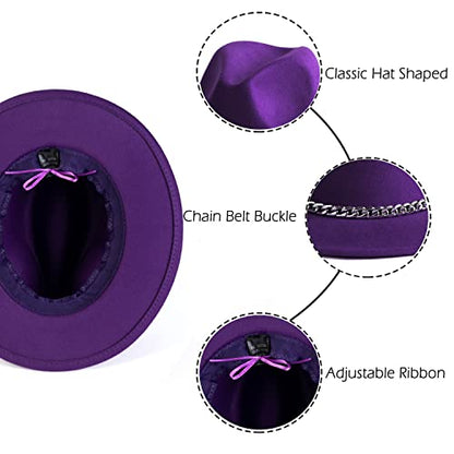 Women Men Wide Brim Fedoran Hat with Chain Belt Buckle - color: Purple