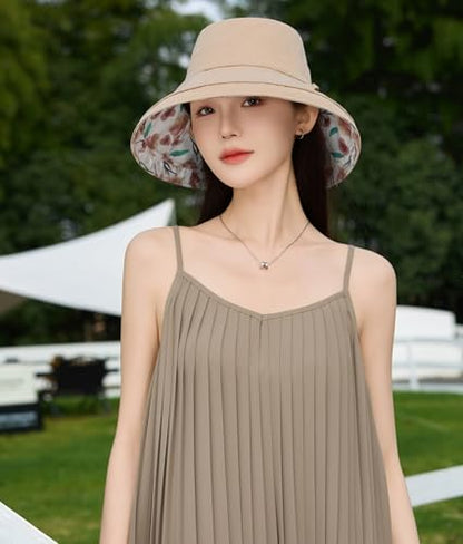 HUAMULAN Women Wide Brim Reversible Sun Hat Summer Beach Fishing Bucket - color: Khaki Floral