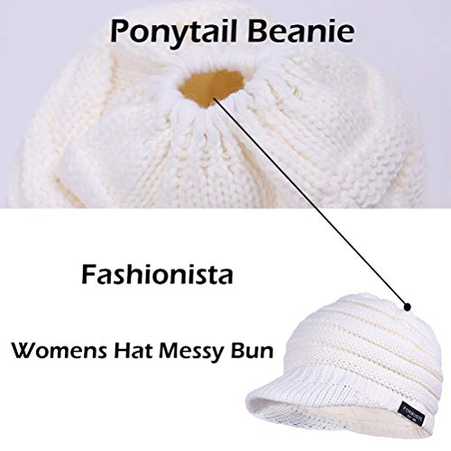 Women's BeanieTail Warm Knit Hat Messy High Bun Ponytail Visor Beanie Cap - color: B324-white, size: Medium