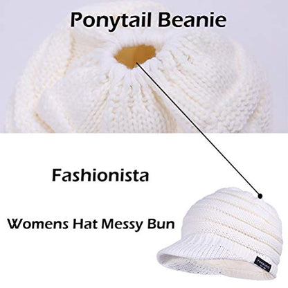 Women's BeanieTail Warm Knit Hat Messy High Bun Ponytail Visor Beanie Cap - color: B324-white, size: Medium