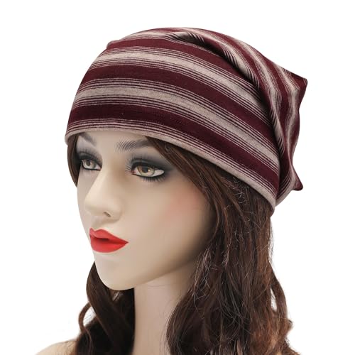 ZLYC Cotton Thin Slouchy Beanie Hat for Men Women Stretch Skull Cap - color: Striped Burgundy and Khaki, size: One Size