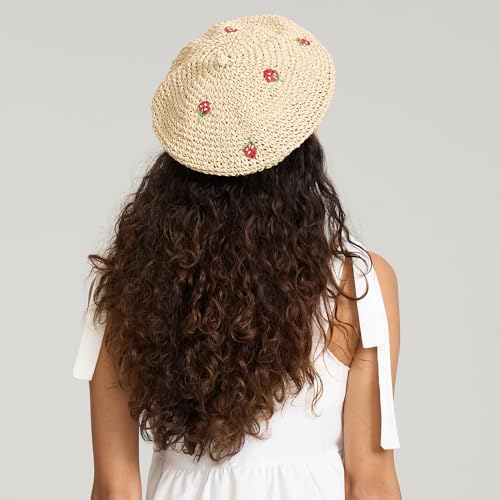 Straw Beret Summer French Beret Hats for Women Artist Crochet Beret - color: Strawberry Beige