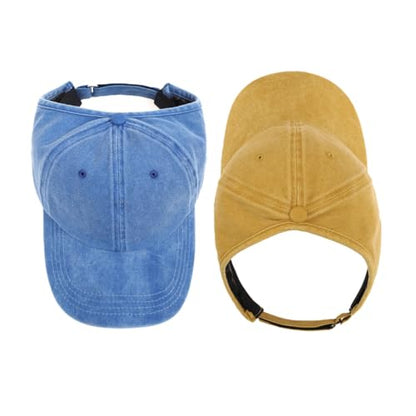 2 Pack Backless Cap for Women Natural Curly Hair Hat Baseball Cap Afro Puff Ponytail Hat - color: B-blue+yellow