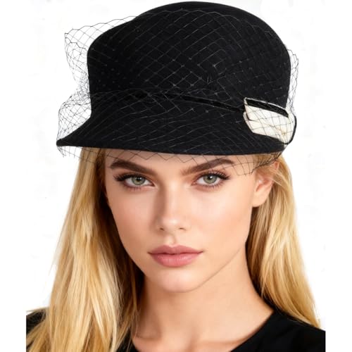 HIMESPORT Women's Black Wool Felt Mesh Equestrian Hat with Bow Veil Winter Formal Church Tea Party Cocktail Beret Hats