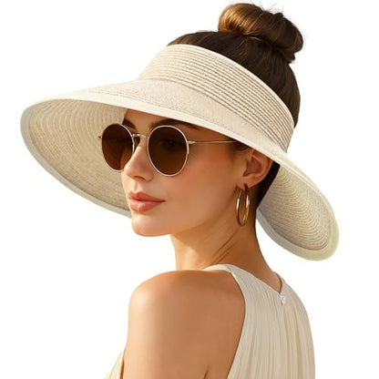 Women's Sun Visor Hats Wide Brim Straw Beach Hat Ponytail Hats for Women Foldable Floppy - color: 1pack-beige