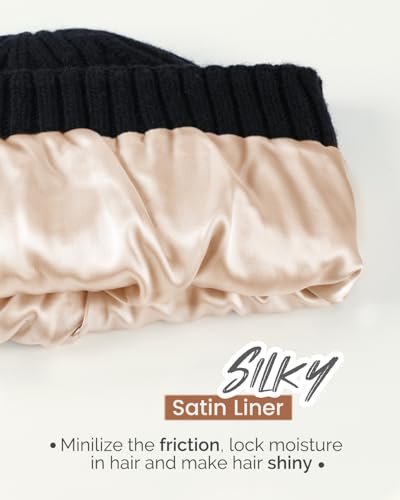Hat Hut Wool Beanie Satin Lined Winter Hats Slouchy Beanie with Silk Lining Warm Wool Knit Ski Hat Cuffed Cap Women Men - color: Black