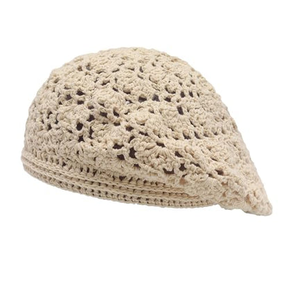 ZLYC Women Cotton Slouchy Crochet Beret Handmade Cutout Floral Beanie Hat - color: Crochet Beige