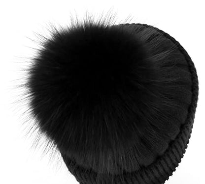 Women's Winter Ribbed Cuffed Beanie Skull Cap with Genuine Raccoon Fur Pom - color: Rc Black