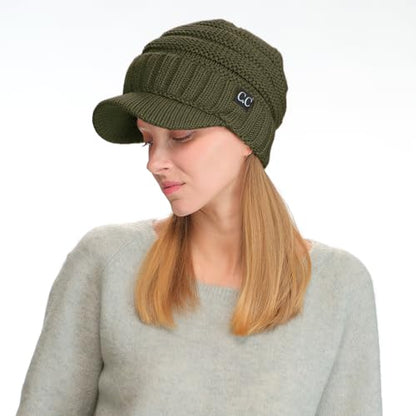 C.C Trendy Warm Oversized Chunky Soft Oversized Ribbed Slouchy Knit Hat with Visor Brim - color: Dark Olive Green