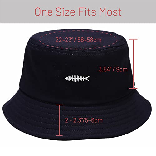 Cotton Bucket Hat for Women Men Summer Travel Sun Beach Bucket Cap, Unisex Outdoor Fisherman Hat - color: Fish Bones Black