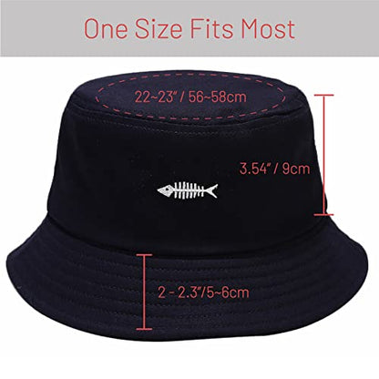 Cotton Bucket Hat for Women Men Summer Travel Sun Beach Bucket Cap, Unisex Outdoor Fisherman Hat - color: Fish Bones Black