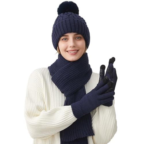 HUAMULAN Women Winter Knit Beanie Hat Circle Scarf Set Pompoms Ear Flaps - color: Navy With Scarf and Gloves