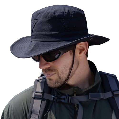 Sun Hat for Men Fishing Hat UPF 50+ Breathable Wide Brim Bucket Hats Summer UV Protection Safari Cap - color: Black