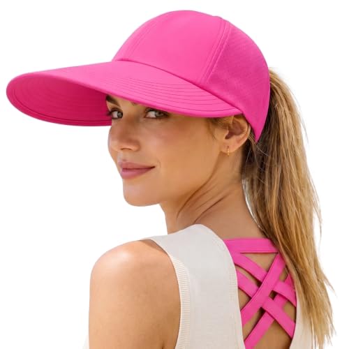 Women's Wide Brim Sun Hat with Ponytail Hole, UV Protection Criss Cross Sun Visor Hat, Lightweight & Quick-Drying Beach Cap - color: Hot Pink