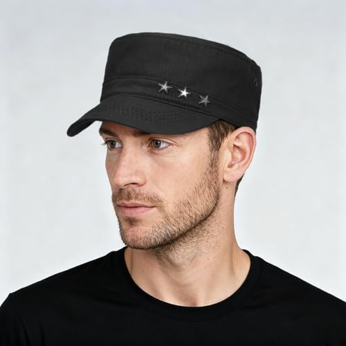Glamorstar Unisex Cadet Army Caps Military Cap Vintage Flat Top Hats for Men Women - color: Black F